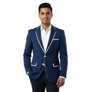 Luxurious Men's Dark Blue Suit Jacket With White Trim